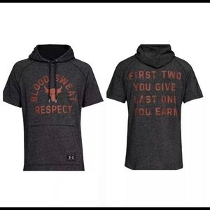 Under Armour x Project Rock Gray Short Sleeve Hoodie Gym Blood Sweat Respect S
